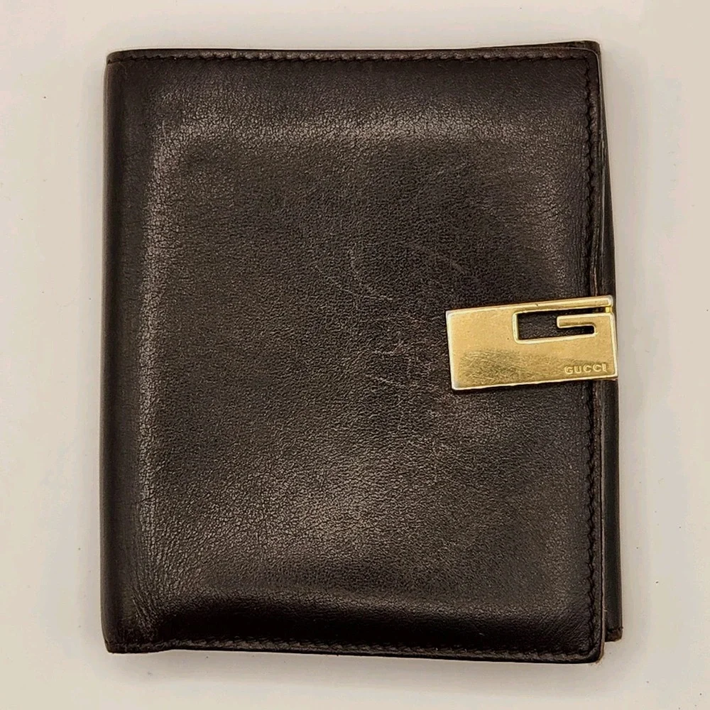 Authentic GUCCI Leather Bi-Fold Wallet Dark Brown Vintage G-Logo Gold Italy